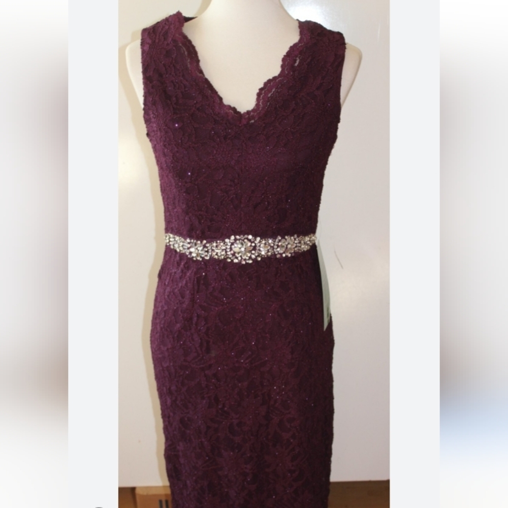 NWOT Jackie Jon New York Plum Lace Cocktail Dress Embellished Waist 10 Wedding